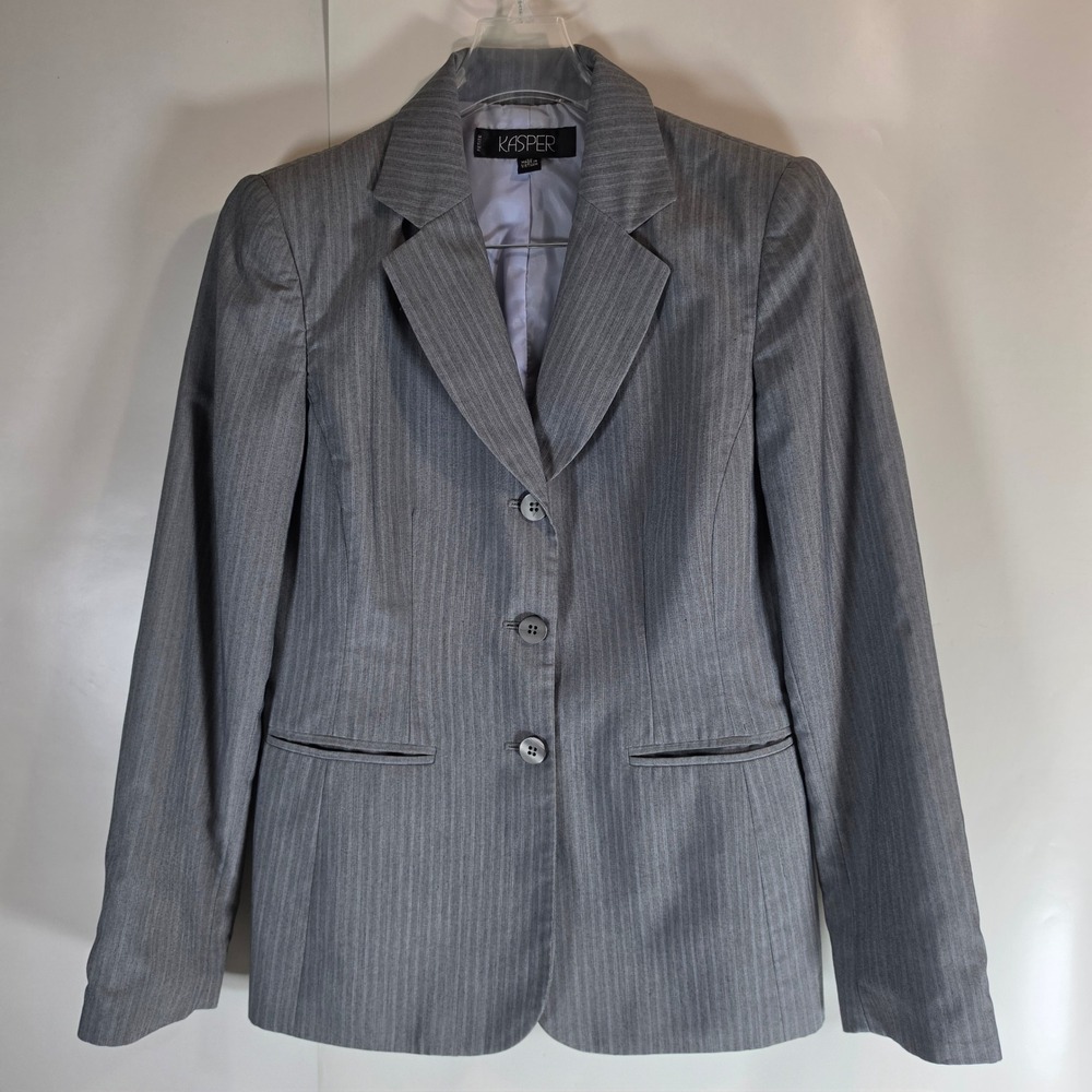Kasper Petite 4P Grey Pinstripe Pant Suit 2 Pc Blazer Trousers Professional Set‎